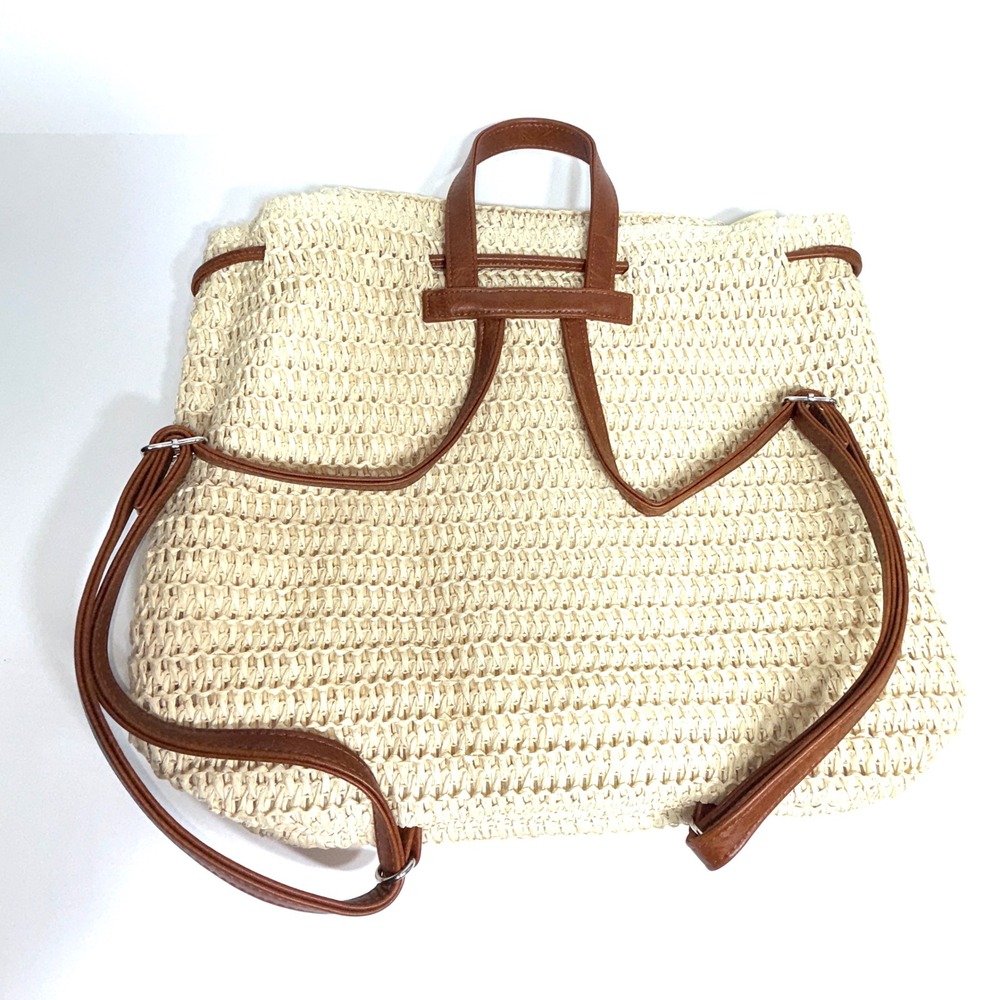 Roxy Woven Straw Backpack Cream Tan Striped Boho Beach Bag Drawstring RN114199 - Picture 2 of 16